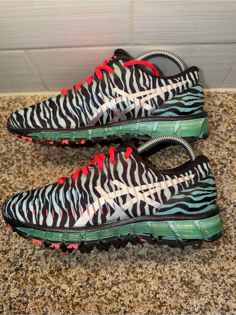 Asics Women's Zebra-Pattern Running Shoes in Black, Aqua & Coral
